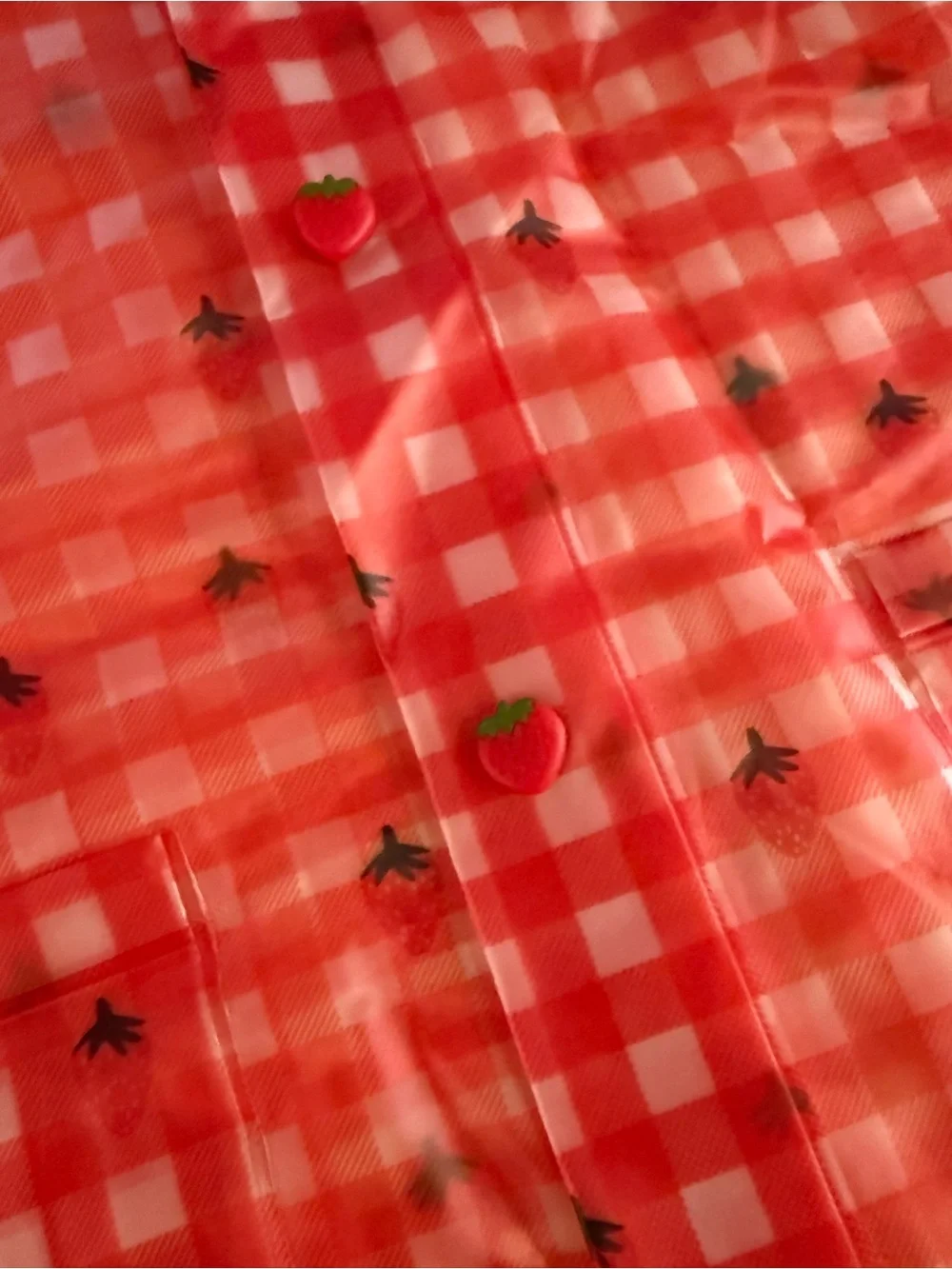 Flöss Red & Clear Gingham Raincoat with Strawberry Buttons